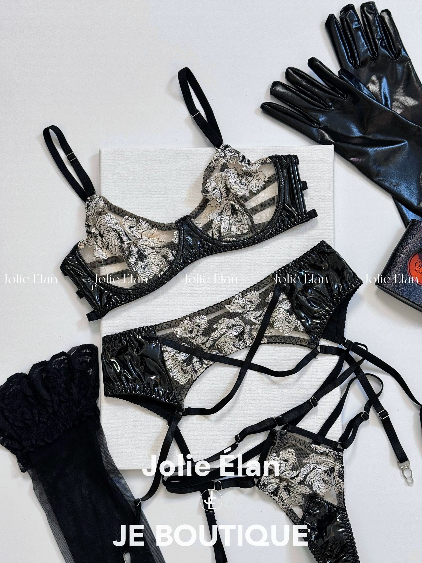 JolieElan Heart Hunter Sexy Mesh Embroidered Lace Leather Perspective Seduction Underwear Set