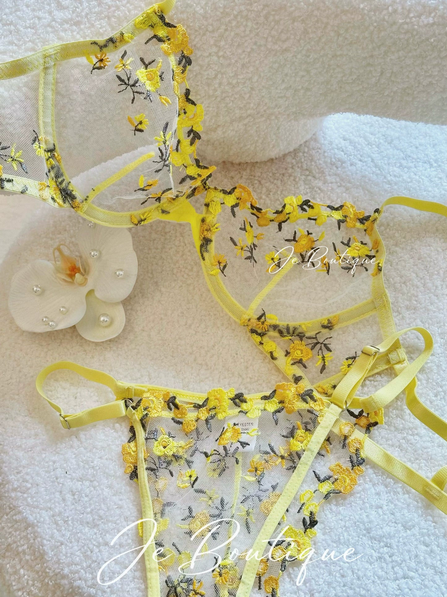 JolieElan Monet Garden French Lace Embroidered Mesh Sexy Perspective Pure Desire Underwear Set