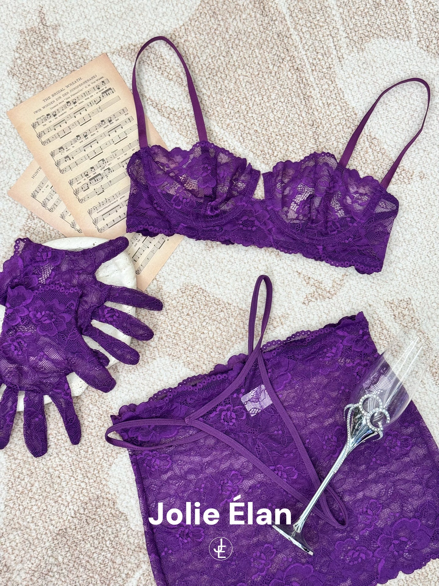 JolieElan · Born noble · Sexy gathering purple lace perspective premium French underwear set