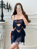 JolieElan · Full Sister · Sexy Dark Blue Lace Perspective Premium French One-piece Lingerie Set
