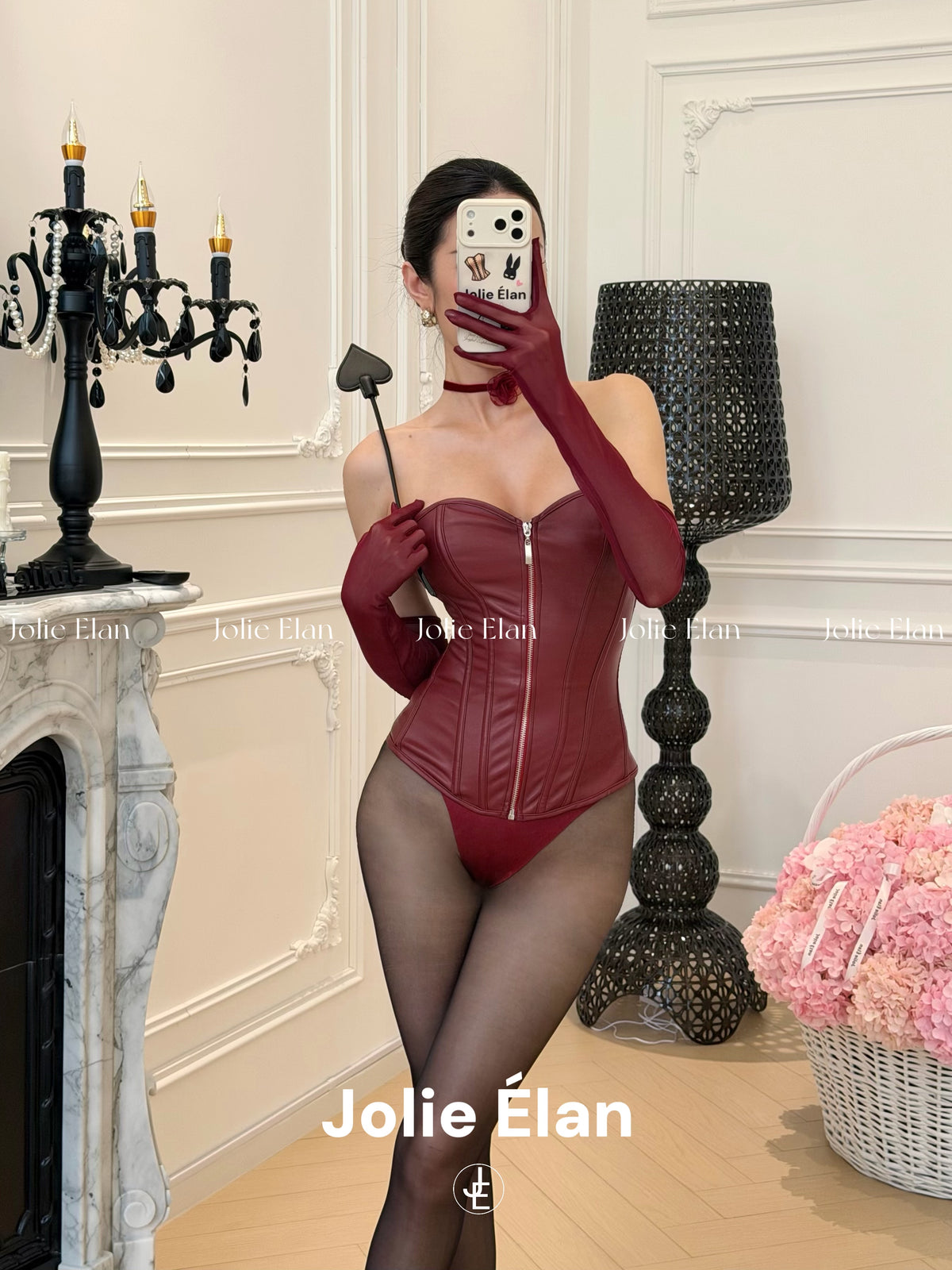 JolieElan Kochi Shrew OL Royal Sister Sexy Burgundy pu Vintage Zipper Corset Underwear Set