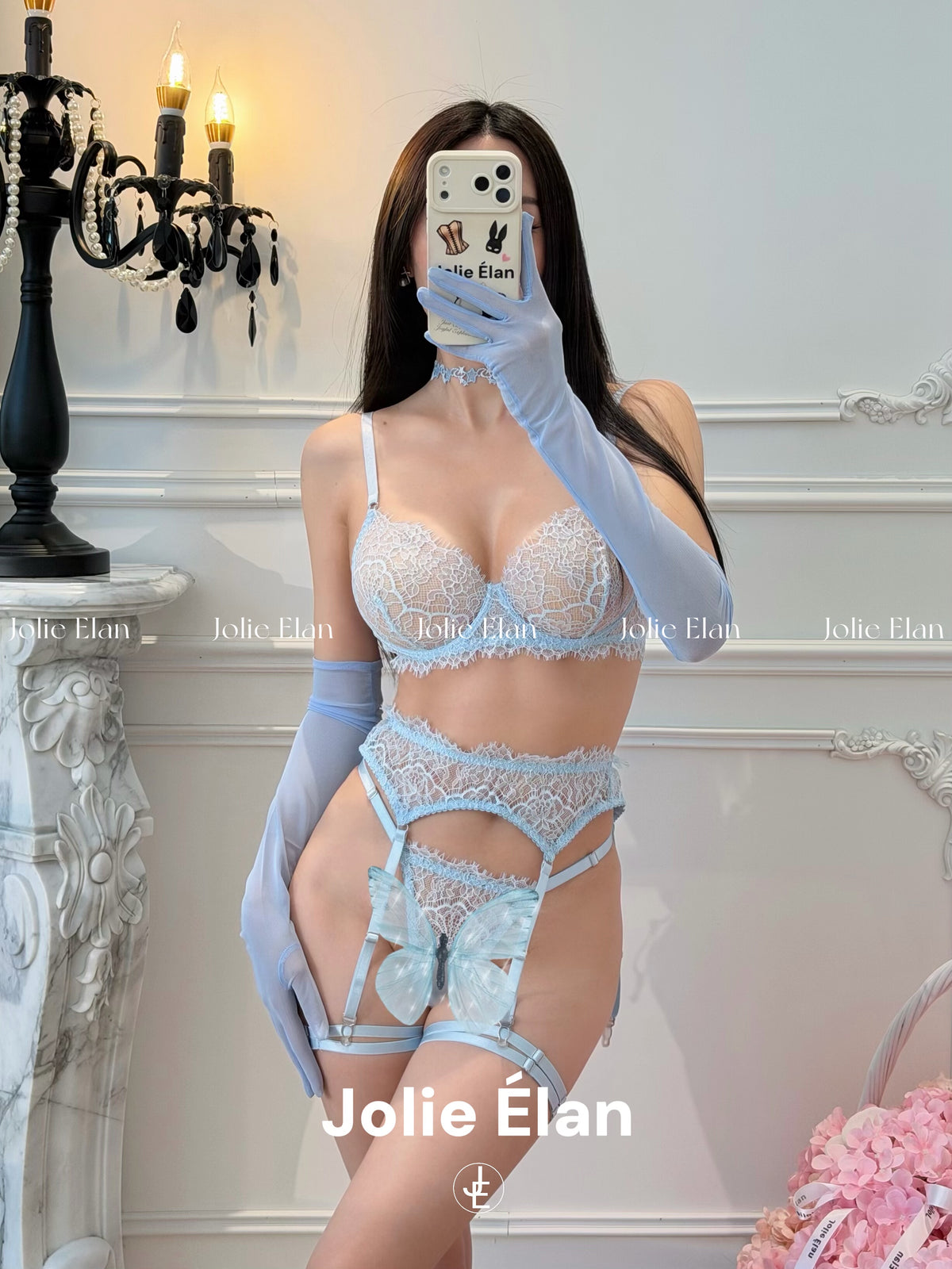 JolieElan · Love Zong heroine · baby blue French atmosphere sexy lace perspective high-end underwear set