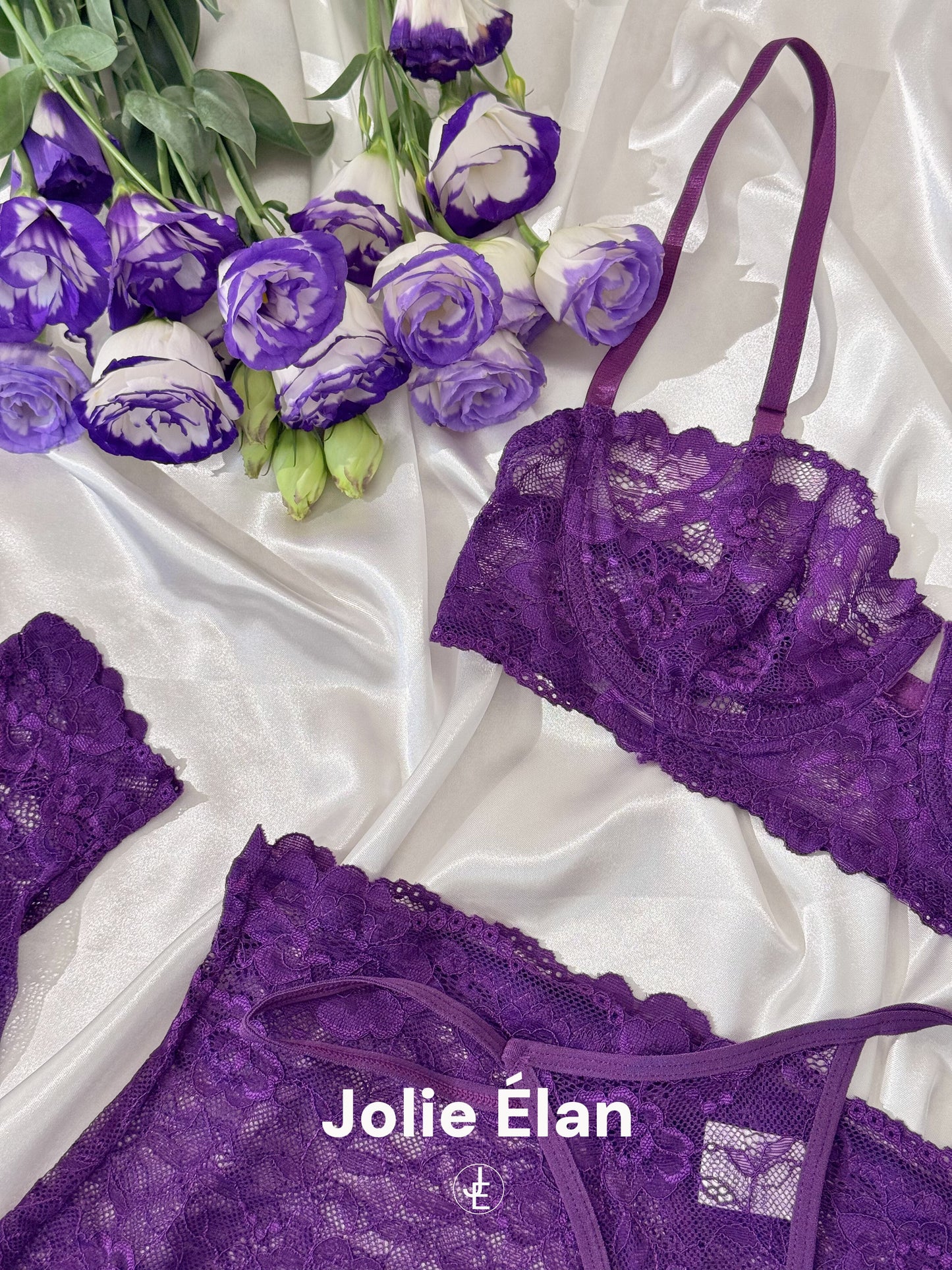 JolieElan · Born noble · Sexy gathering purple lace perspective premium French underwear set