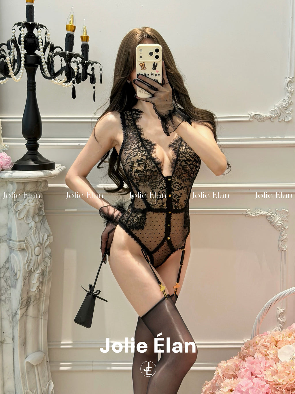 JolieElan Eaton Beauty God Sexy Deep V Lace Mesh Perspective Ultra-thin Premium One-piece Underwear Set