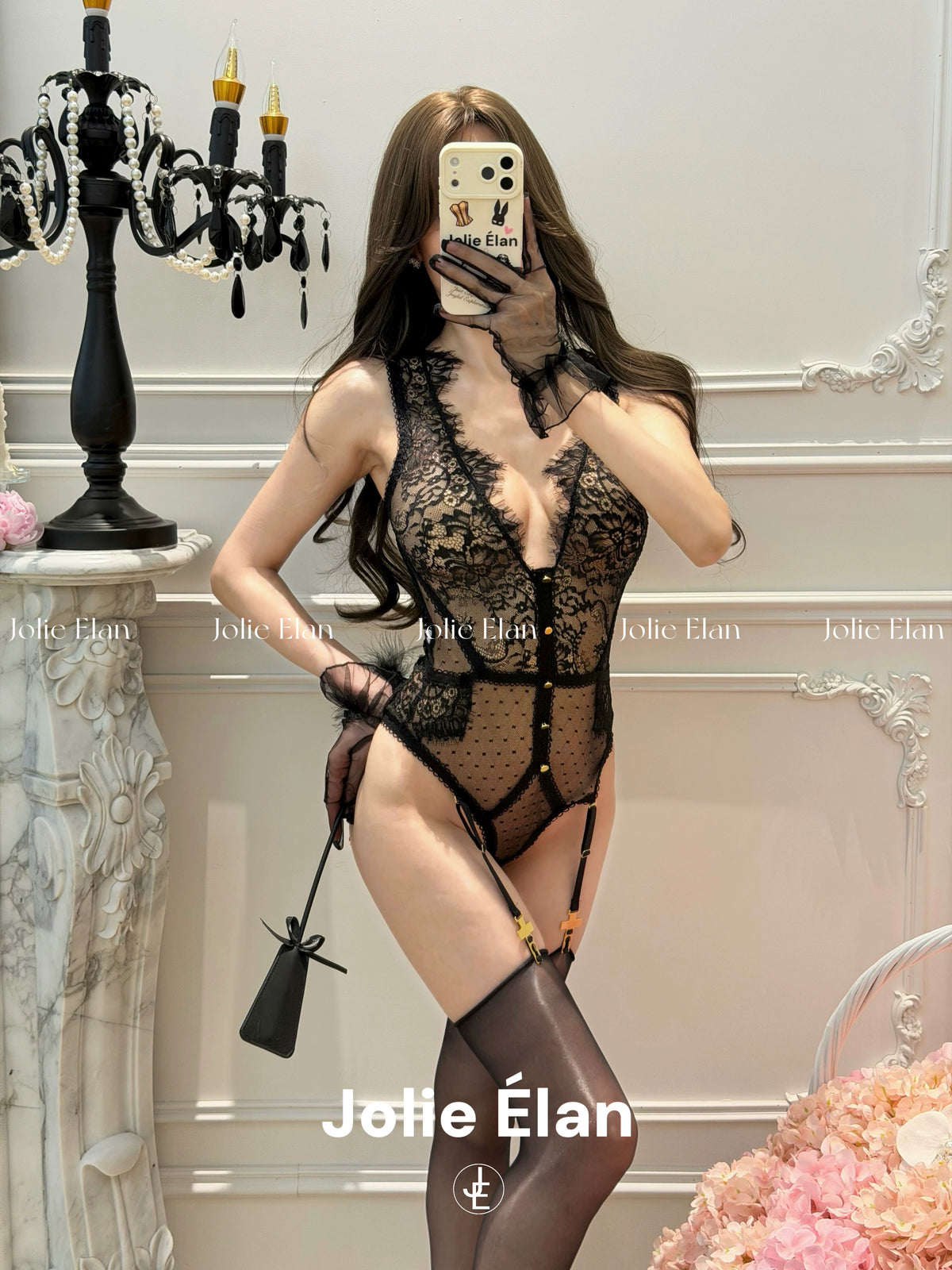 JolieElan Eaton Beauty God Sexy Deep V Lace Mesh Perspective Ultra-thin Premium One-piece Underwear Set