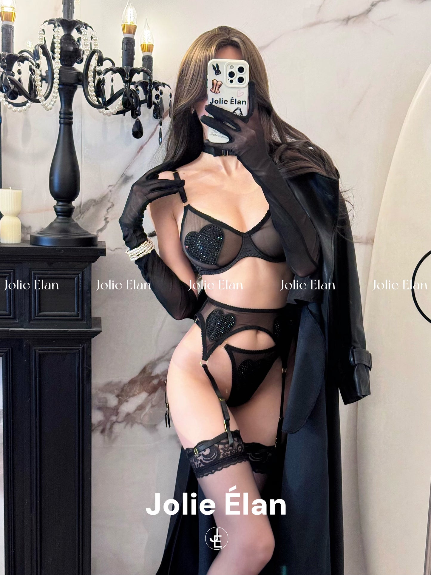 JolieElan · Fishing players · Sexy mesh perspective love flash diamond abstinence French underwear set