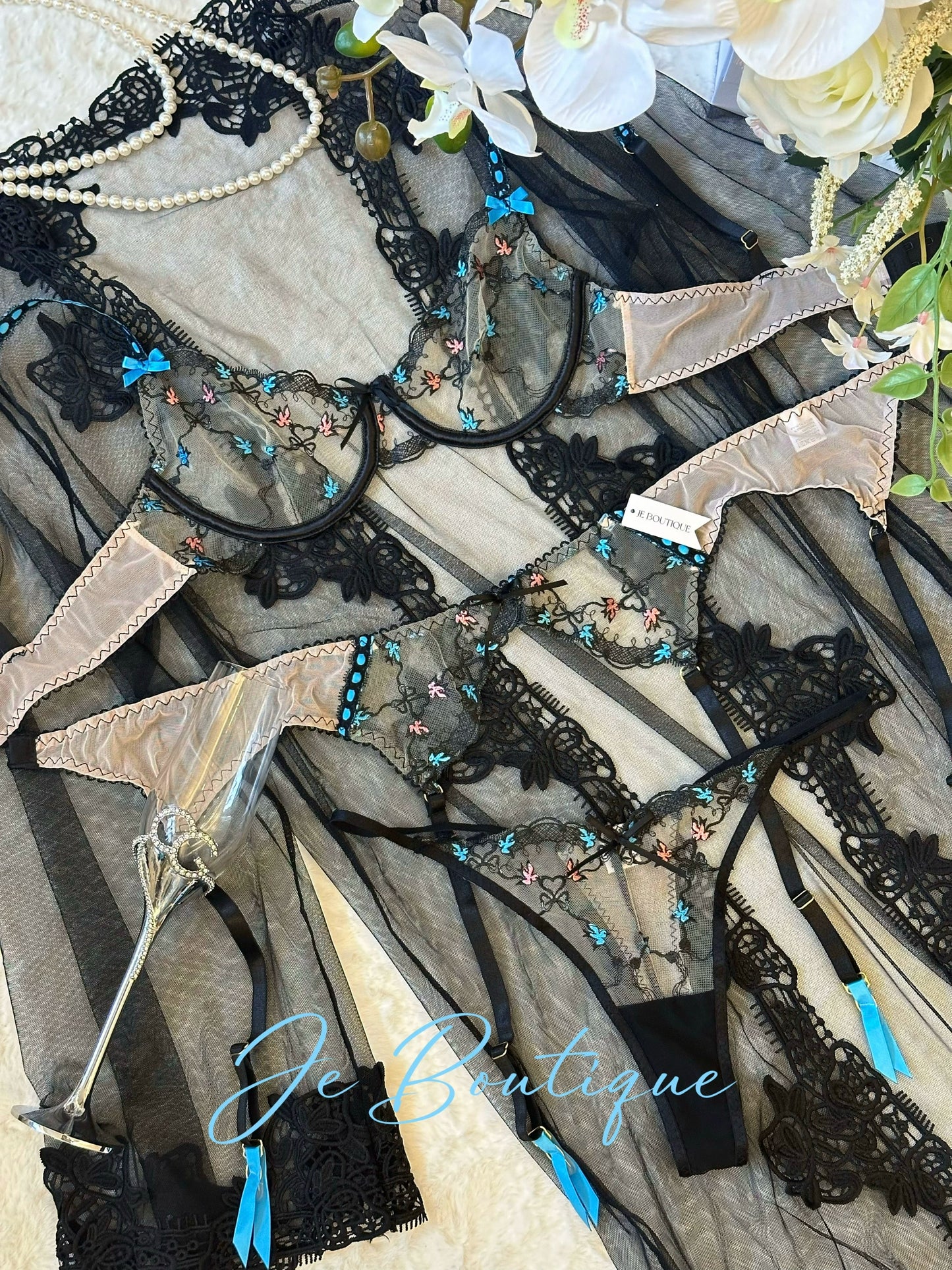 JolieElan · Throbbing · French Lace Embroidered Mesh Sexy Pure Lust Underwear Set