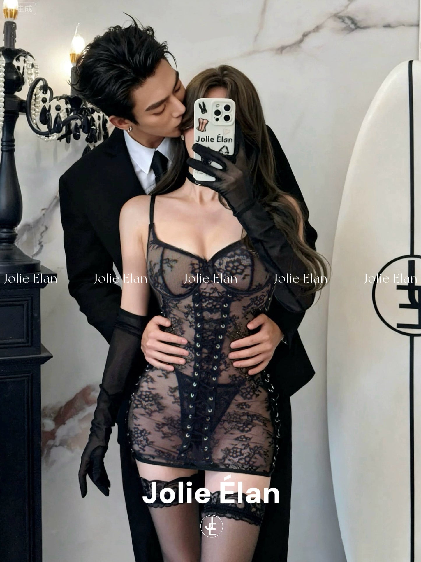 JolieElan Smith Couple Sexy Lace Perspective Cross Strap Tight Gathering Lingerie Set