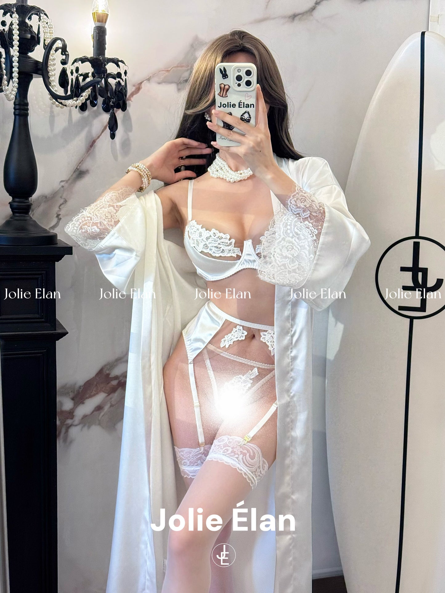 JolieElan Fendra French Lace Mesh Embroidery Sexy Perspective Gathering Underwear Set
