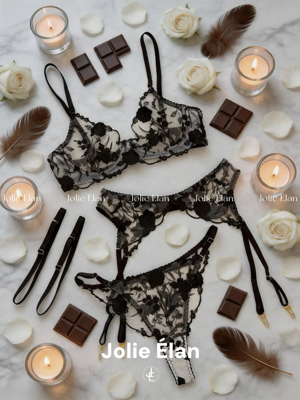 JolieElan · Love Black Qiao · Brown Rose French Sexy Embroidery Perspective Premium Underwear Set