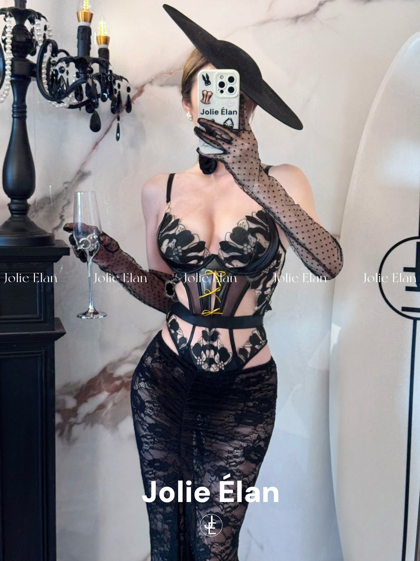 JolieElan · Can't Quit You · Sexy Lace Splicing Leather Fishbone One-piece Gathering Underwear Set