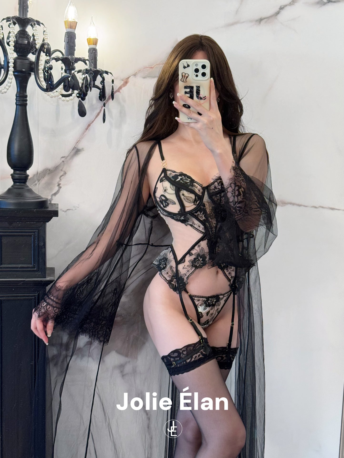 JolieElan · Rich Idle · Sexy Fishbone Mesh Embroidery Lace Perspective French Underwear Set