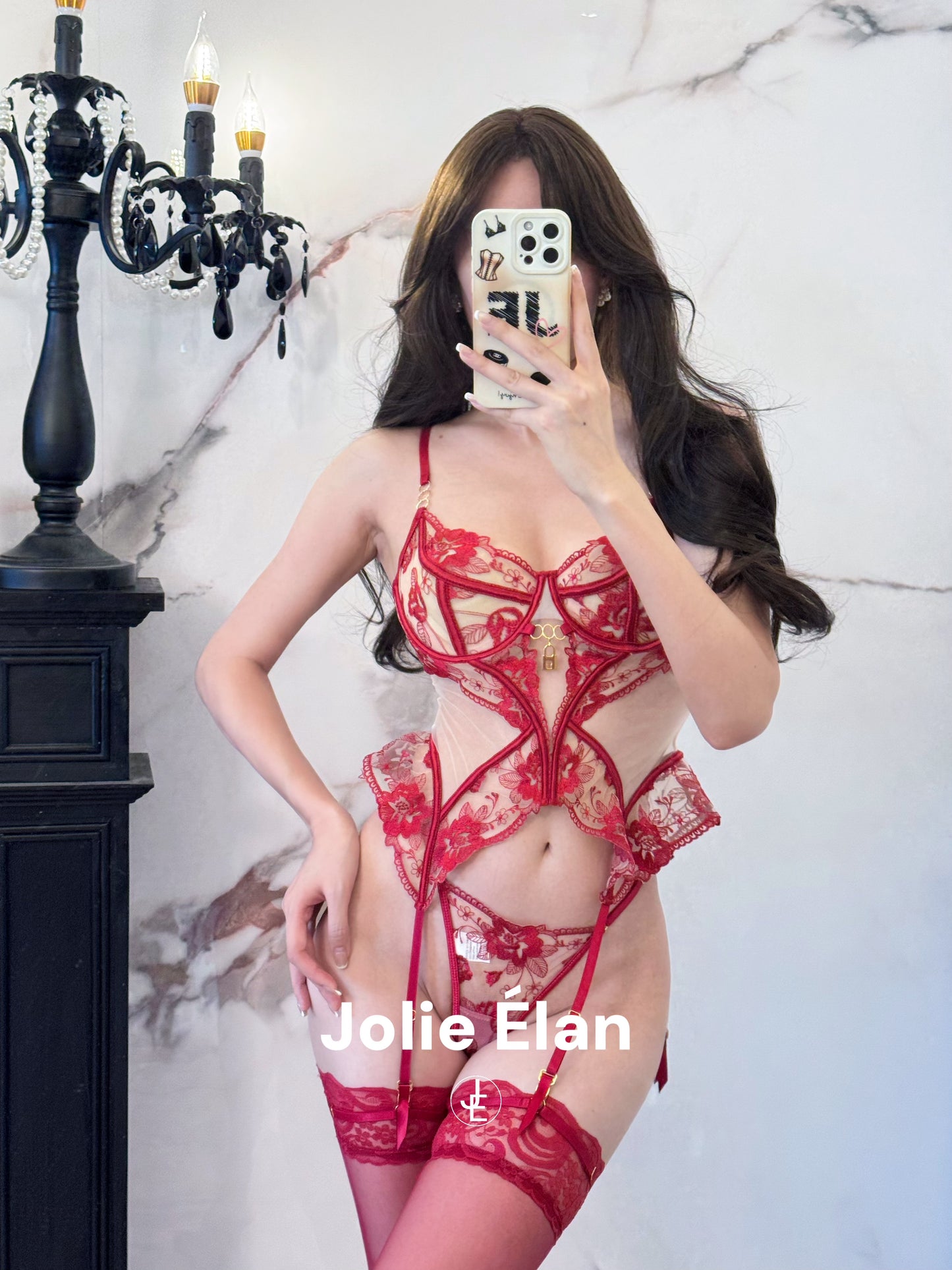 JolieElan · Rich Idle · Sexy Fishbone Mesh Embroidery Lace Perspective French Underwear Set