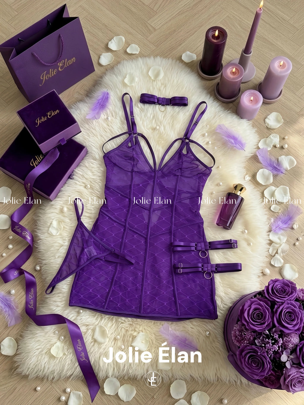 JolieElan · Slightly Drunk Grape · Purple Royal Sister Sexy Spice Girl Mesh Perspective Suspender Underwear Set